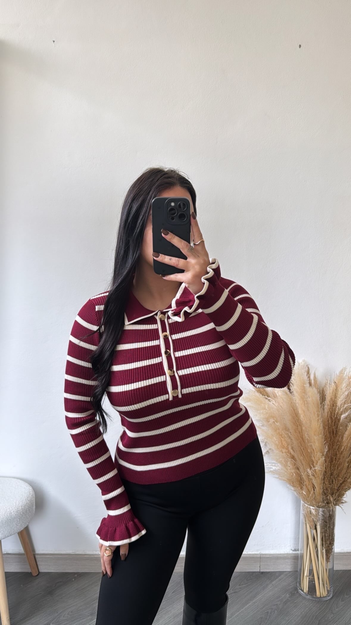 Camisola de malha às riscas com botões - bordô