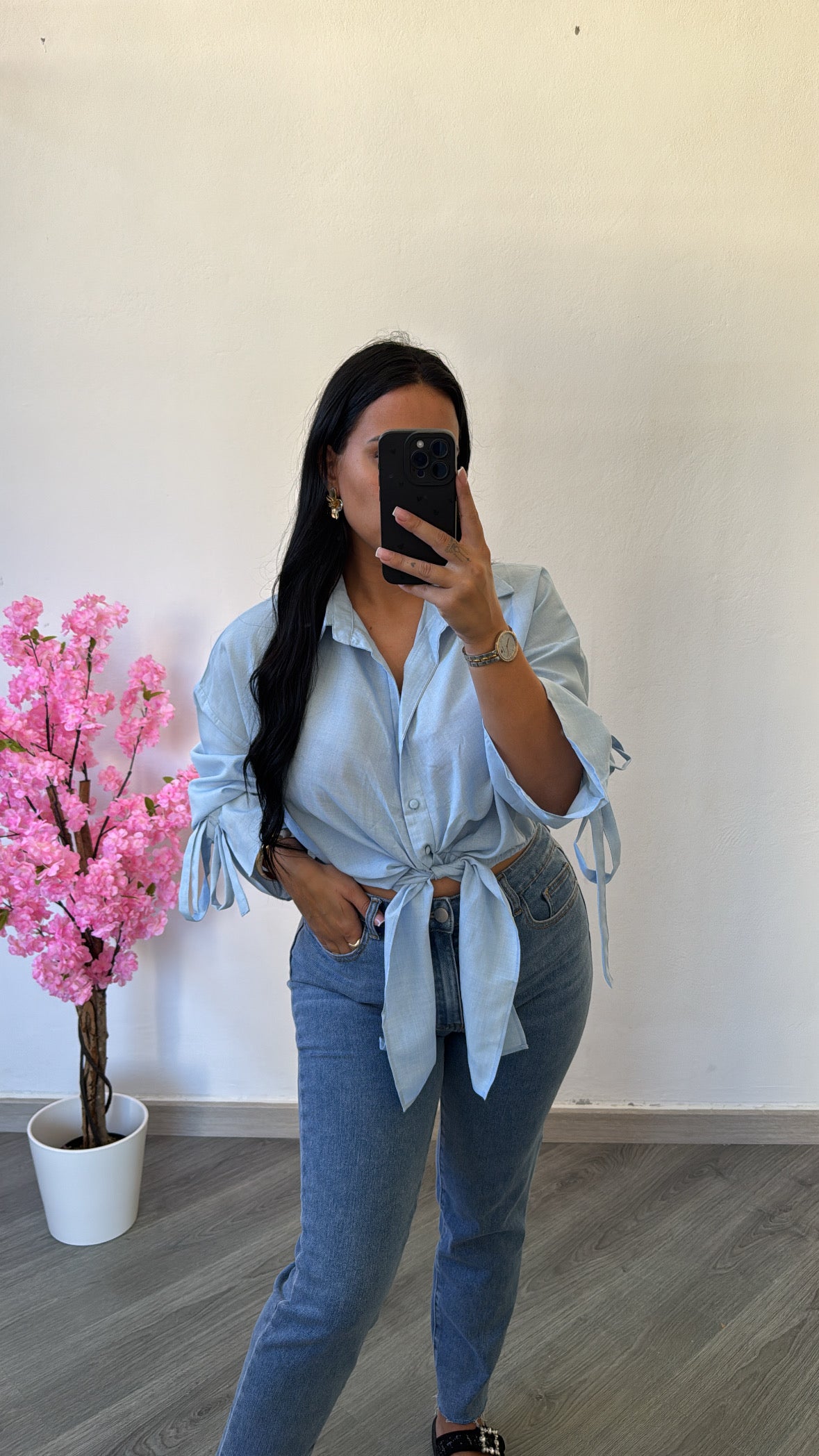 Camisa cropped com laço - azul