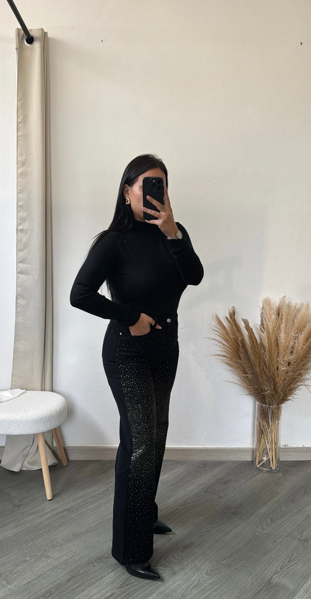 Calças direitas com brilho