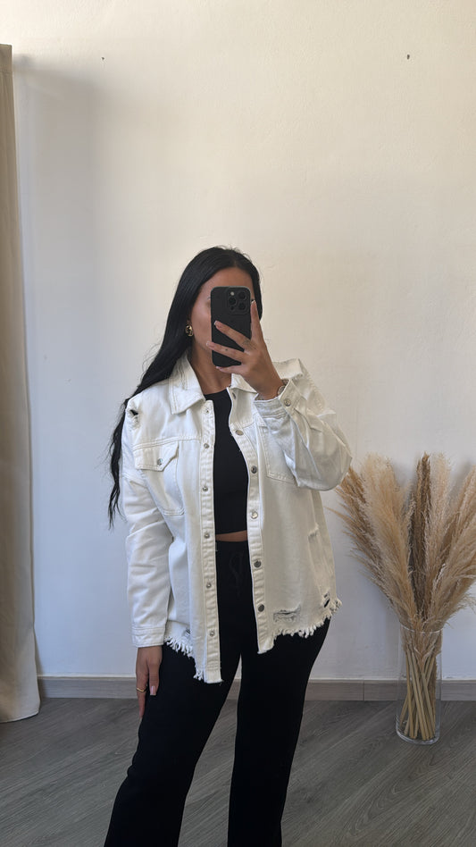 Casaco jeans oversize branca destroyed