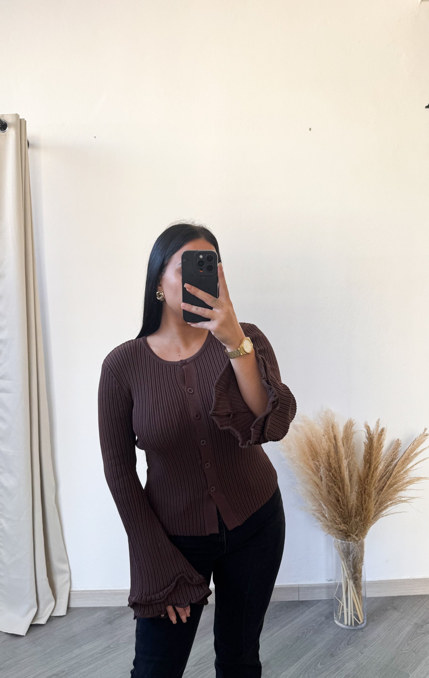 Blusa canelada com mangas largas - castanho