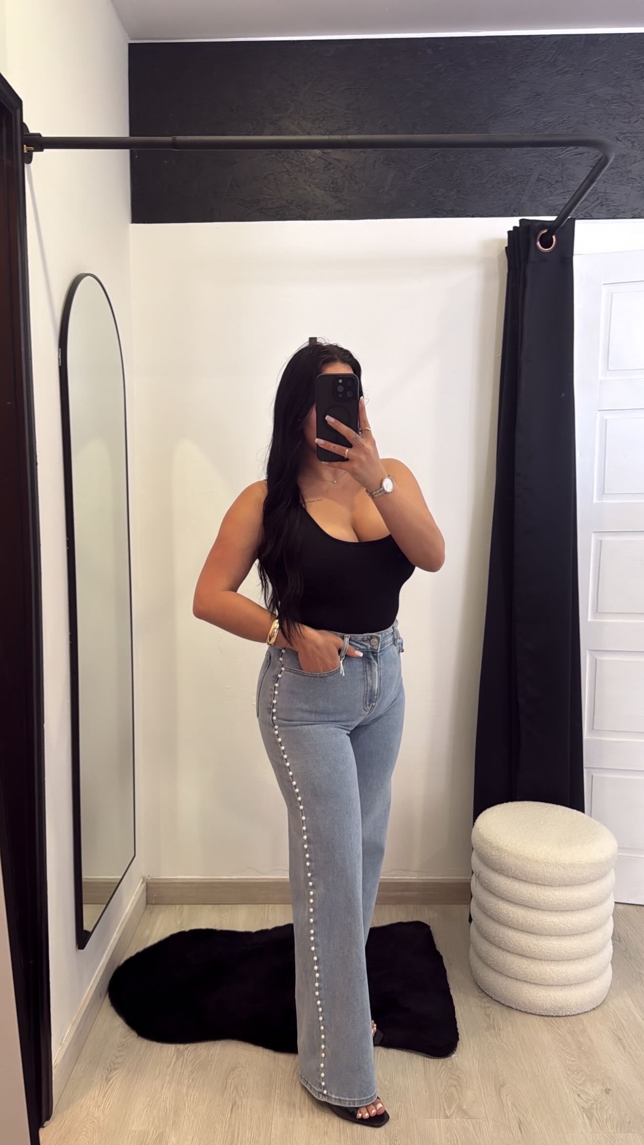 Calças de ganga Wide Leg com pérolas