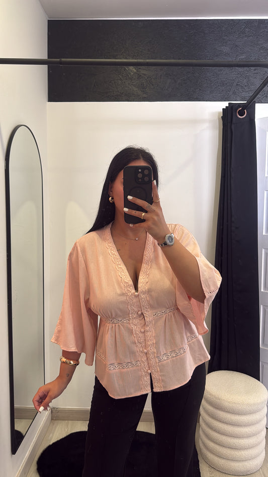 Blusa Efeito Linho com Renda - rosa