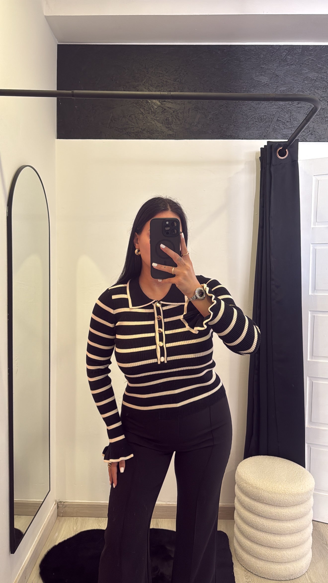 Camisola de malha às riscas com botões - preto