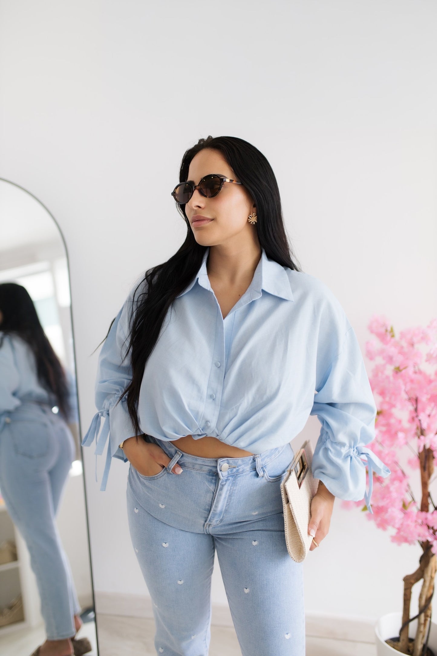 Camisa cropped com laço - azul