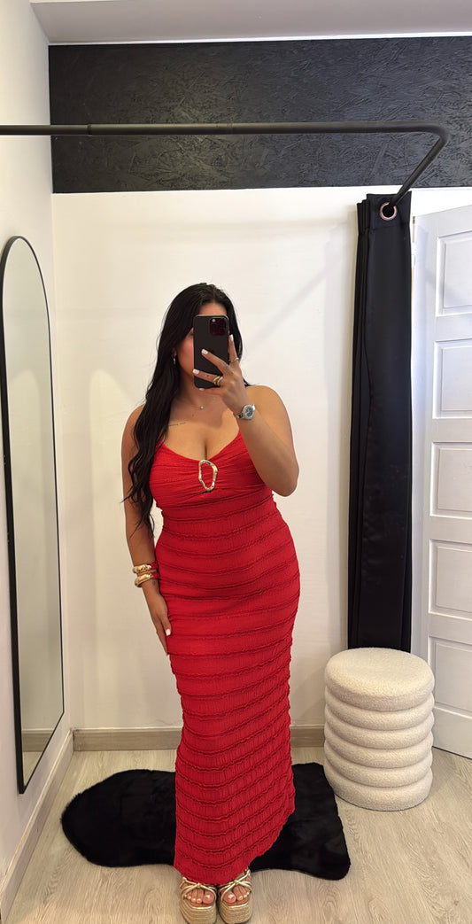 Vestido drapeado com detalhe dourado - vermelho