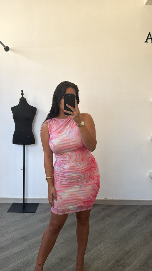 Vestido curto em tule marmorizado rosa