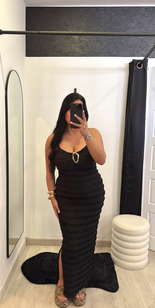 Vestido drapeado com detalhe dourado - preto