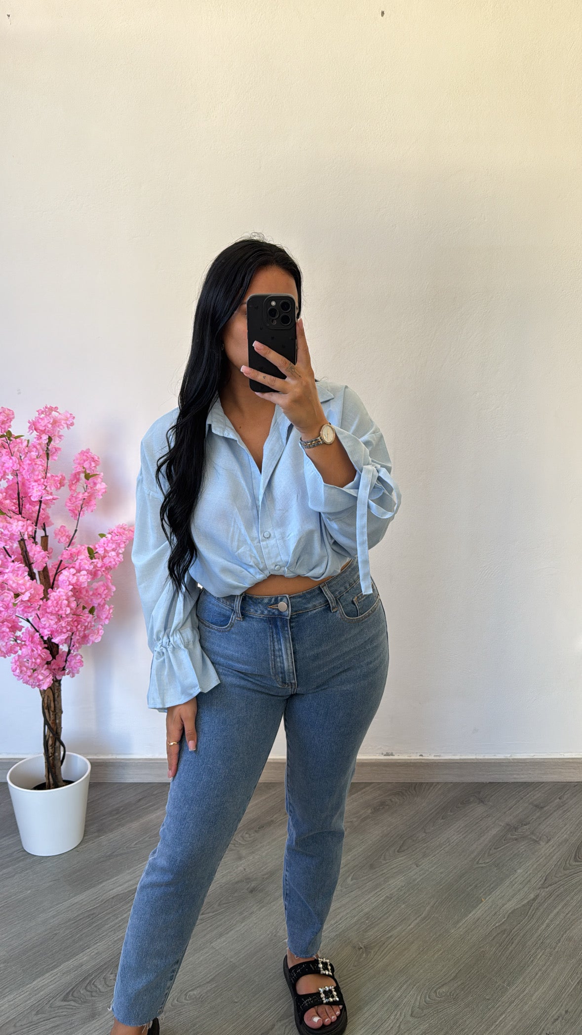 Camisa cropped com laço - azul