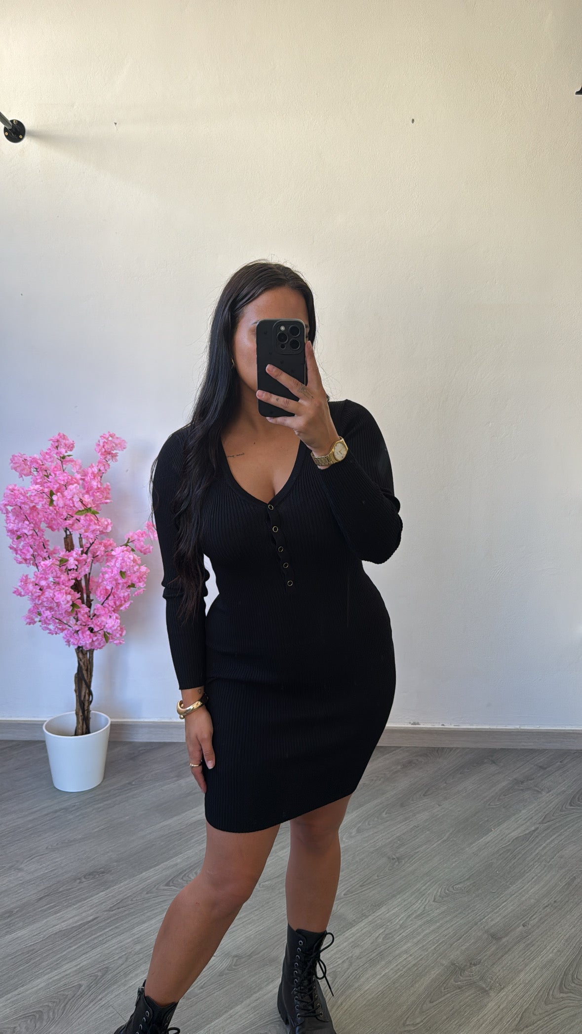 Vestido de malha canelada manga comprida