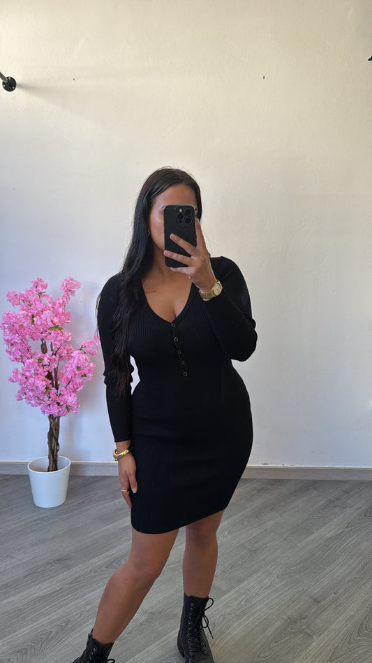 Vestido de malha canelada manga comprida