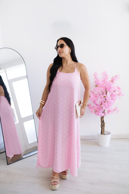 Vestido comprido bolinhas - rosa