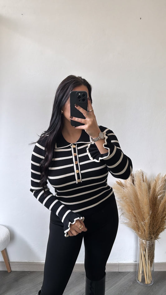 Camisola de malha às riscas com botões - preto