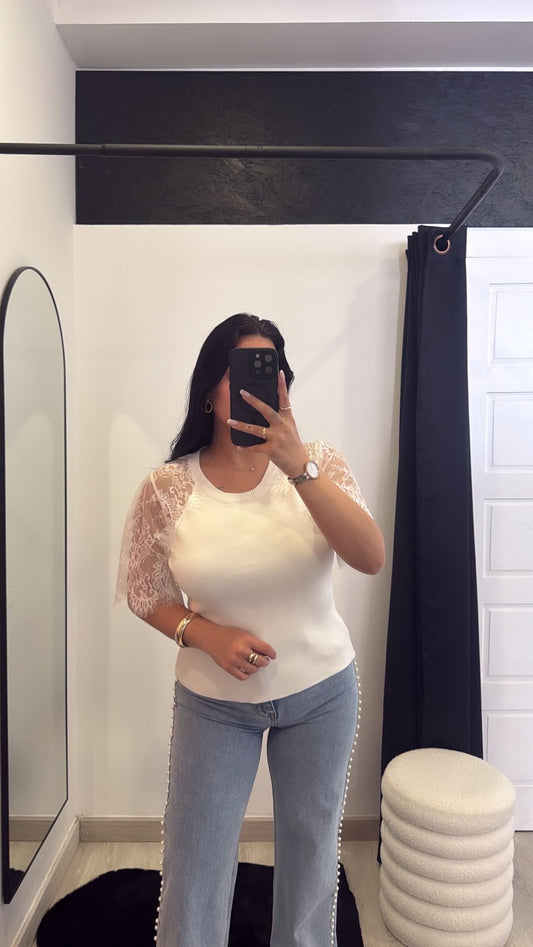 Camisola de malha com renda - branco