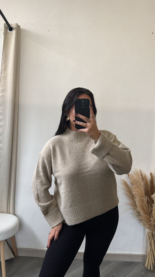 Camisola de malha com gola redonda - bege