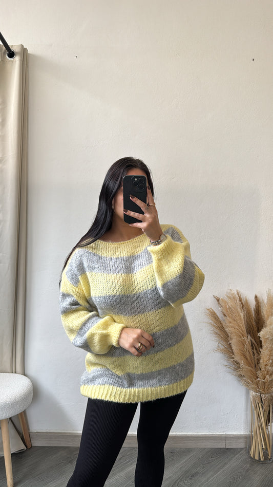Camisola de malha às riscas amarelo e cinzento