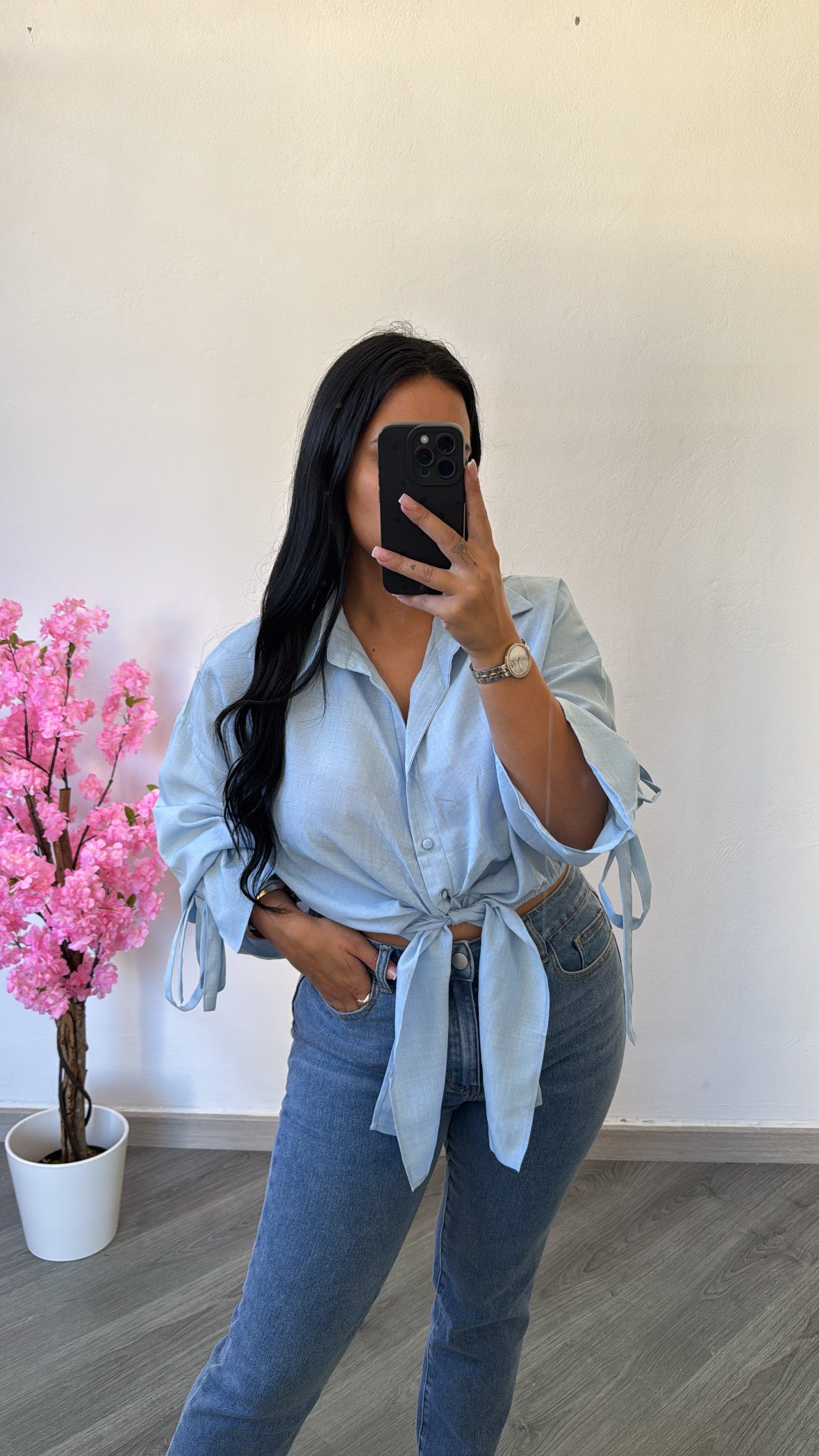 Camisa cropped com laço - azul