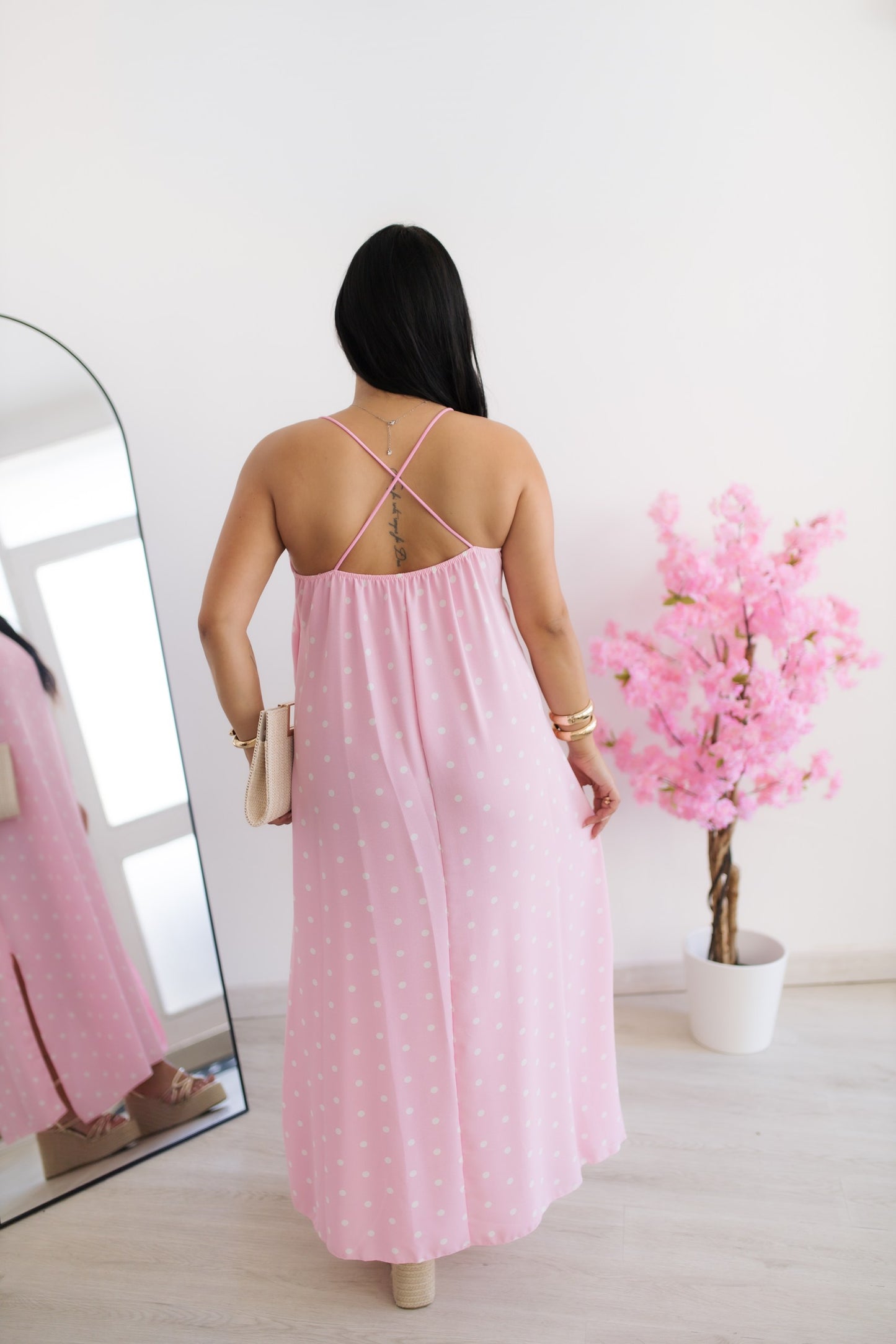 Vestido comprido bolinhas - rosa