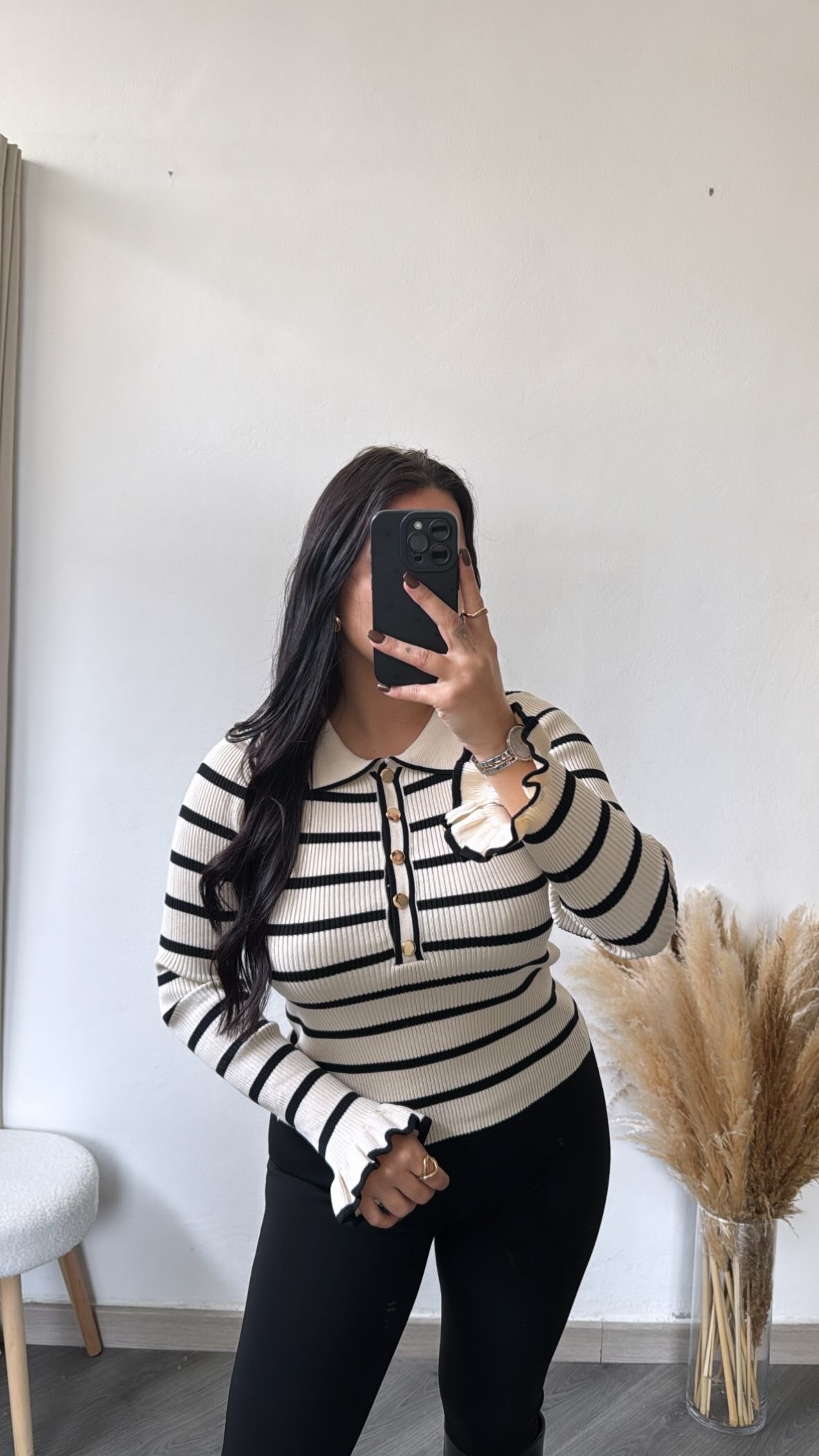 Camisola de malha às riscas com botões - branco