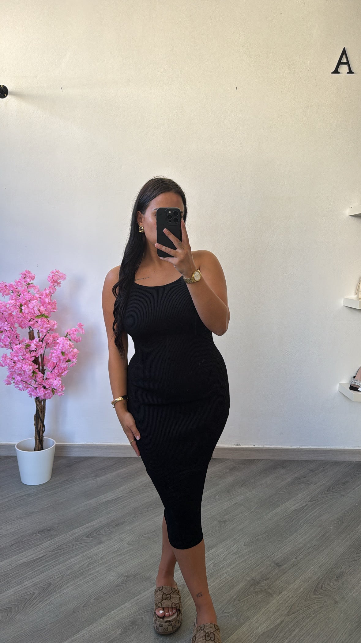 Vestido de malha canelada preto