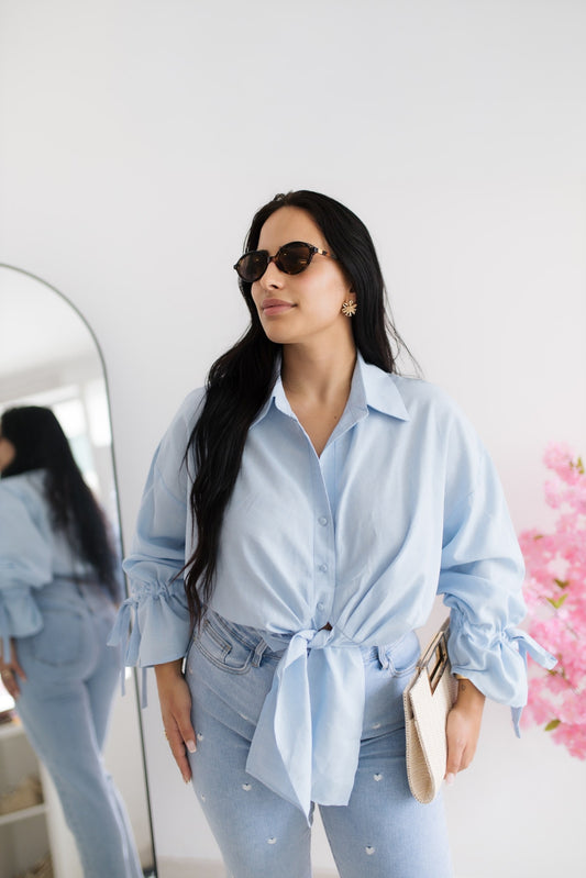Camisa cropped com laço - azul