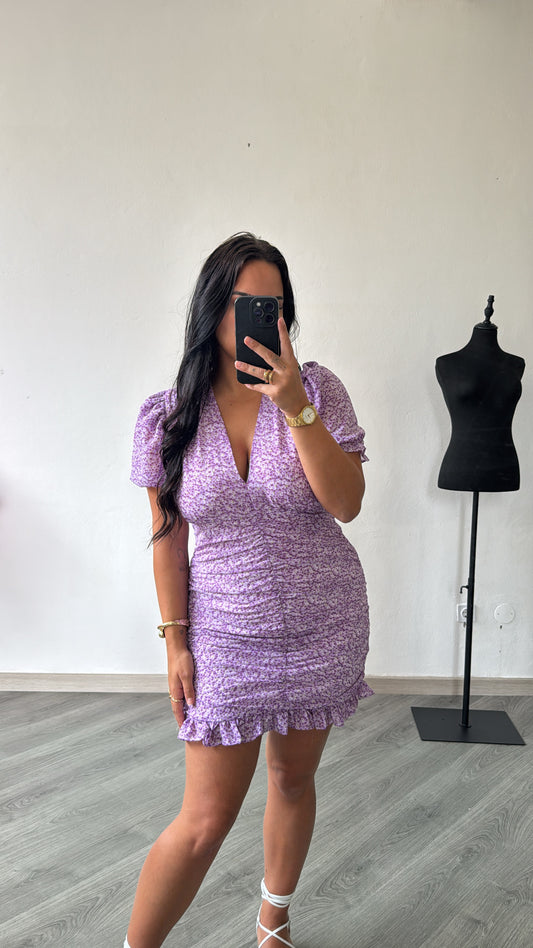 Vestido tule estampado floral lilás